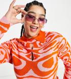 Collusion Plus Swirl Jacquard Collar Cut Out Long Sleeve Crop Top In Pink And Orange - Part Of A Set-multi