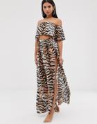 Asos Design Beach Two-piece Maxi Skirt In Natural Tiger Print-multi