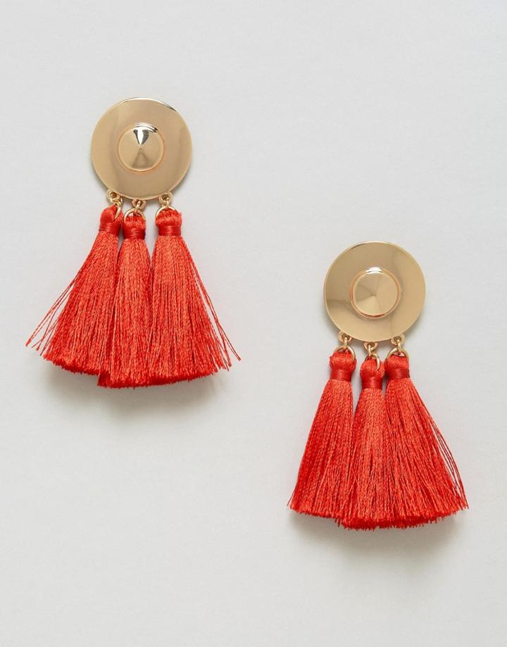 Asos Metal Disc Tassel Earrings - Red
