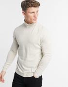 Asos Design Cotton Roll Neck Sweater In Ecru-white