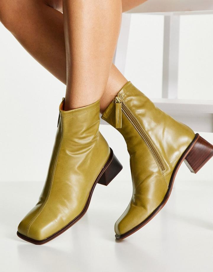 Asos Design Rebecca Premium Leather Square Toe Boots In Khaki-green