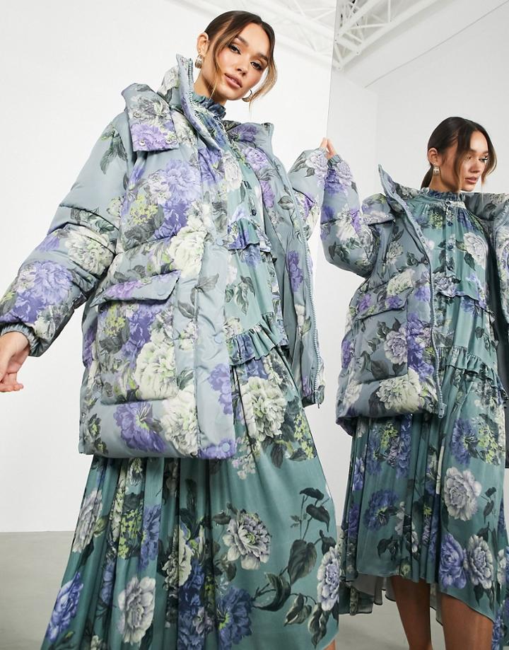 Asos Edition Puffer Jacket In Floral Print-multi