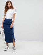 Asos Design Denim Wrap Midi Skirt With Tortoiseshell Buttons - Blue