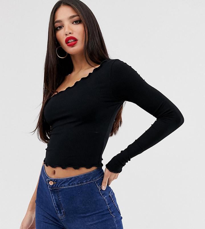 Asos Design Tall One Shoulder Long Sleeve Crop T-shirt With Lettuce Hem In Black