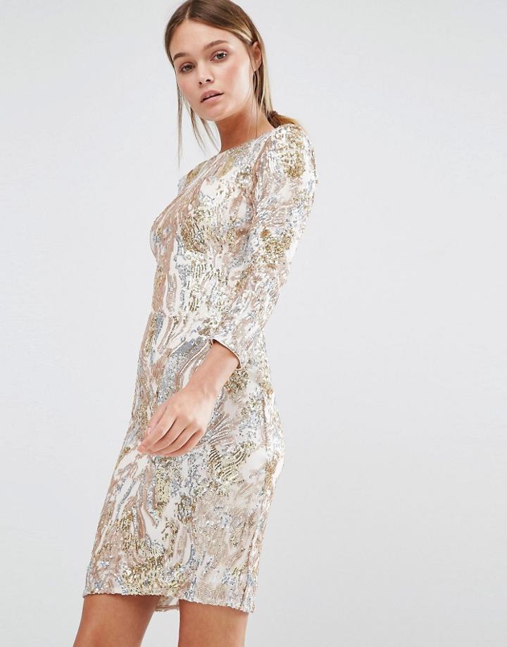 Little Mistress 3/4 Sleeve Patterned Sequin Mini Dress - Gold