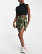 Asos Design Leather Look Knot Wrap Mini Skirt In Khaki-green
