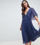 Asos Design Tall Flutter Sleeve Midi Dress With Pleat Skirt - Blue
