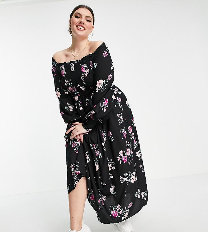 Yours Long Sleeve Shirred Bardot Maxi Dress In Multi
