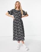 Asos Design Midi Smock Dress With Short Puff Sleeves In Black And White Daisy Print