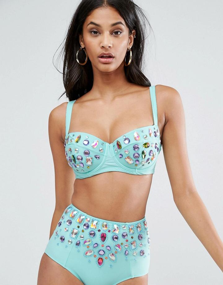 Asos Fuller Bust Frozen Gem Embellished Longline Bikini Top Dd-g - Gre