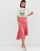 Neon Rose Midi Asymetric Skirt In Satin - Pink