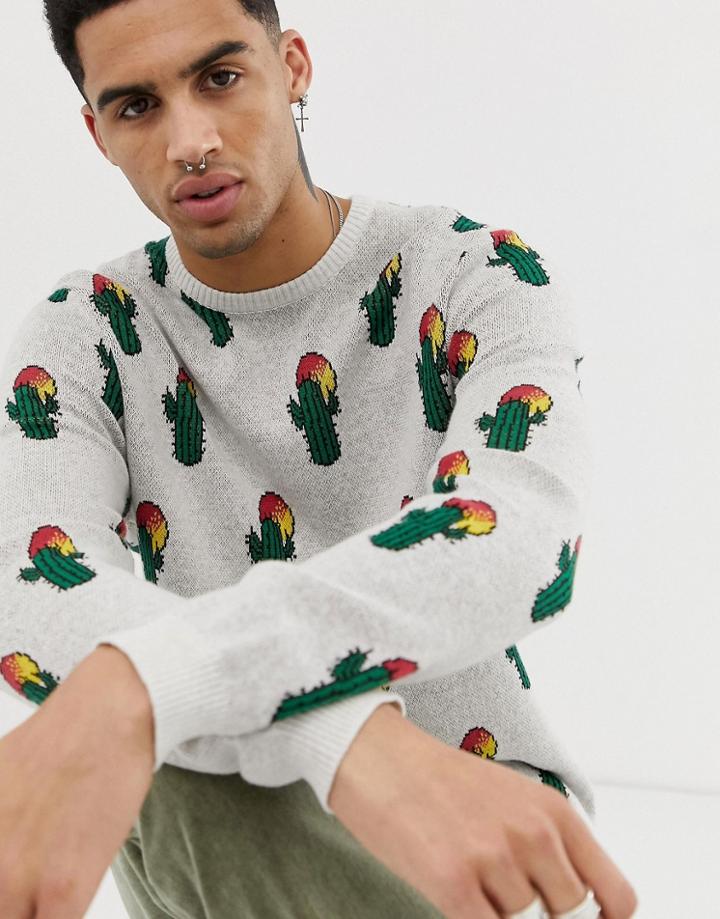 Asos Design Knitted Sweater With Cactus Design - Multi