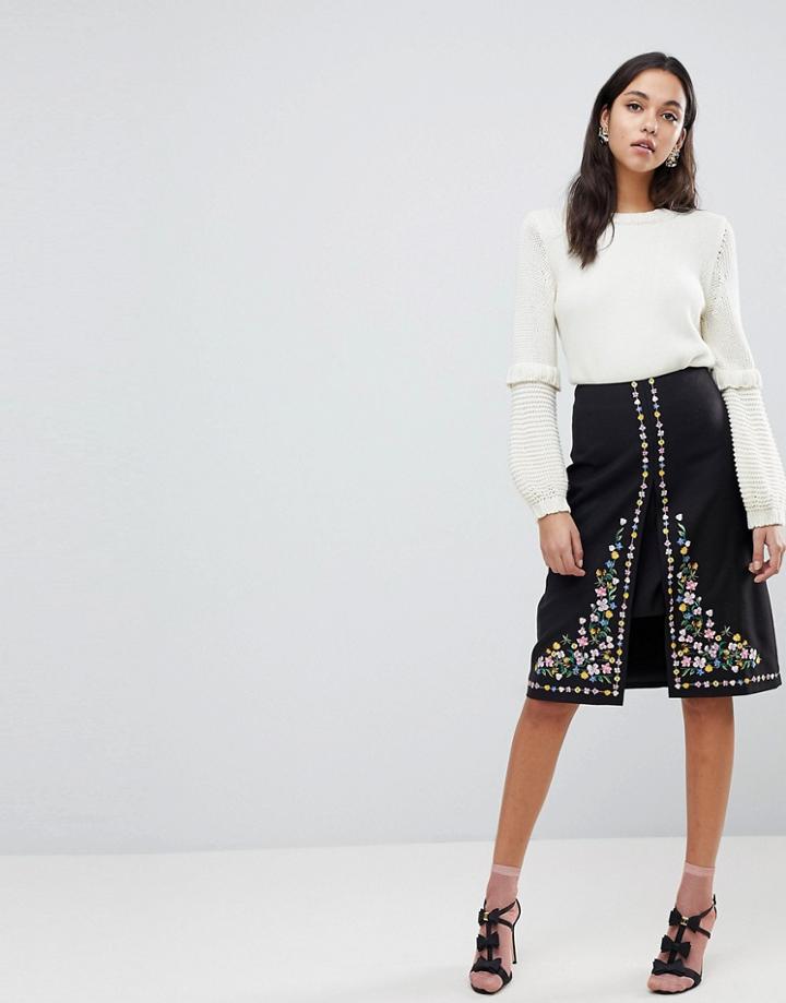 Ted Baker Vicks A-line Midi Skirt With Floral Embroidery - Black