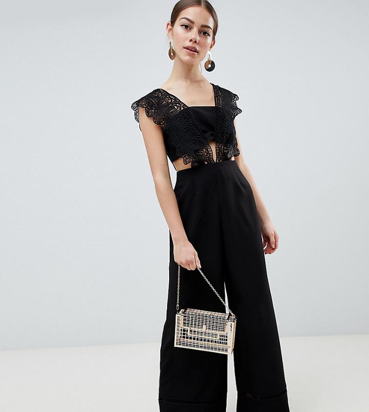 Asos Design Petite Lace Top Jumpsuit With Wide Leg - Black