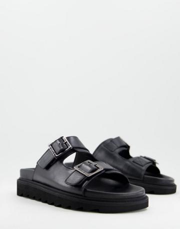 Walk London Jaws Double Strap Chunky Sandals In Black Leather