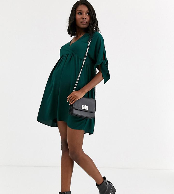Asos Design Maternity Smock Wrap Mini Dress With Tie Sleeves