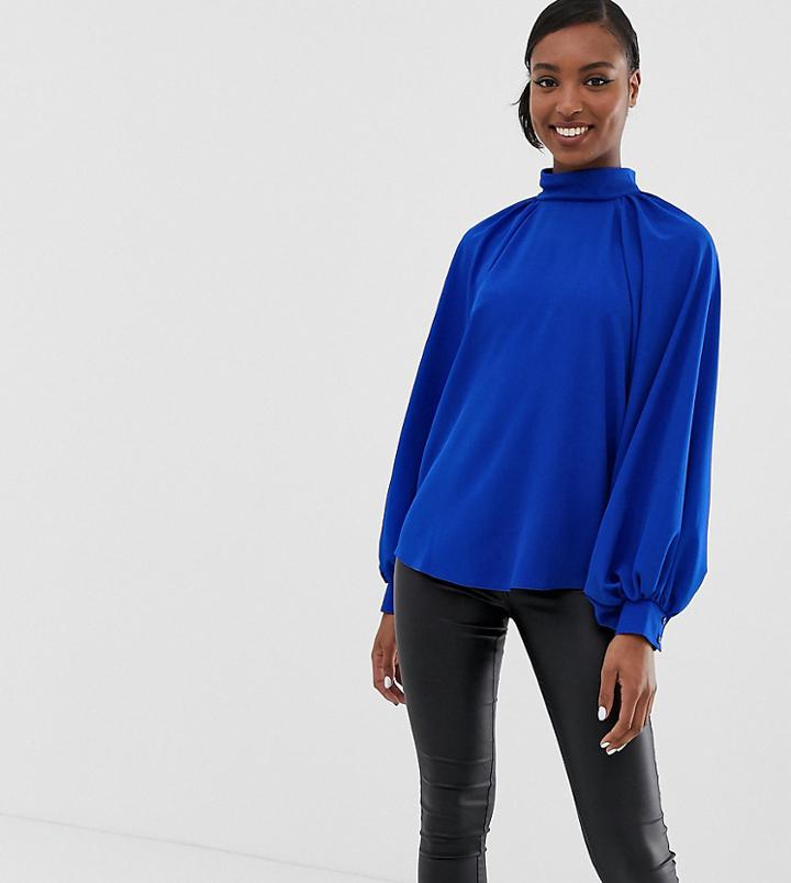 Asos Design Tall High Neck Top With Long Sleeve - Blue
