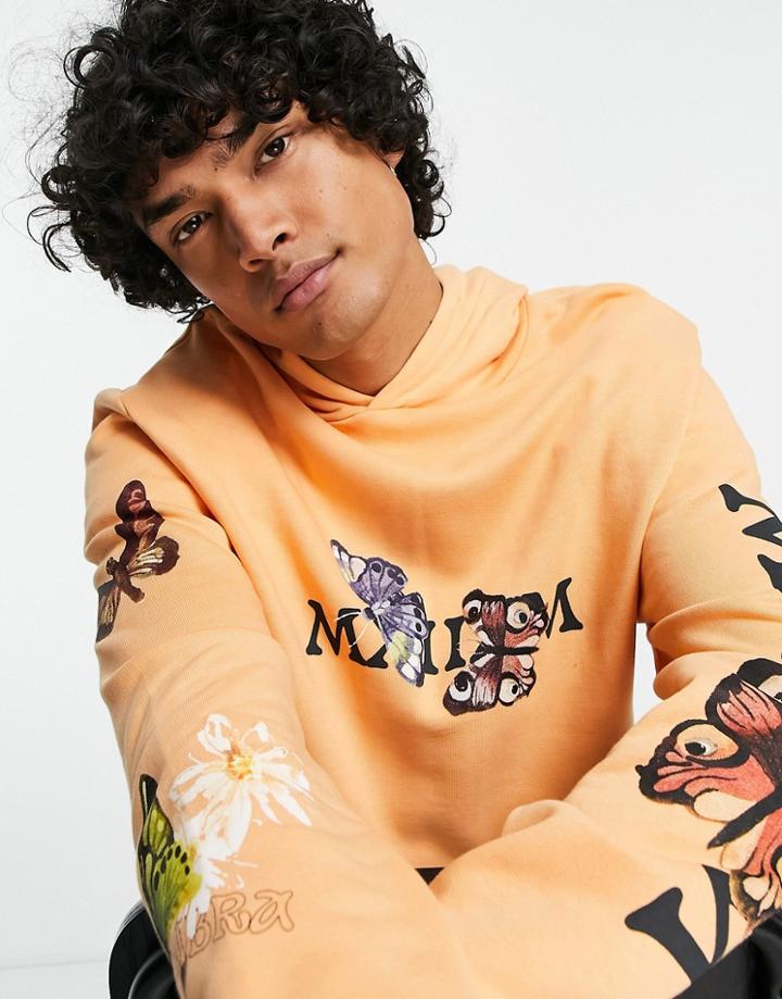 Asos Design Oversized Hoodie In Peach With Multi Placement Floral Prints-orange