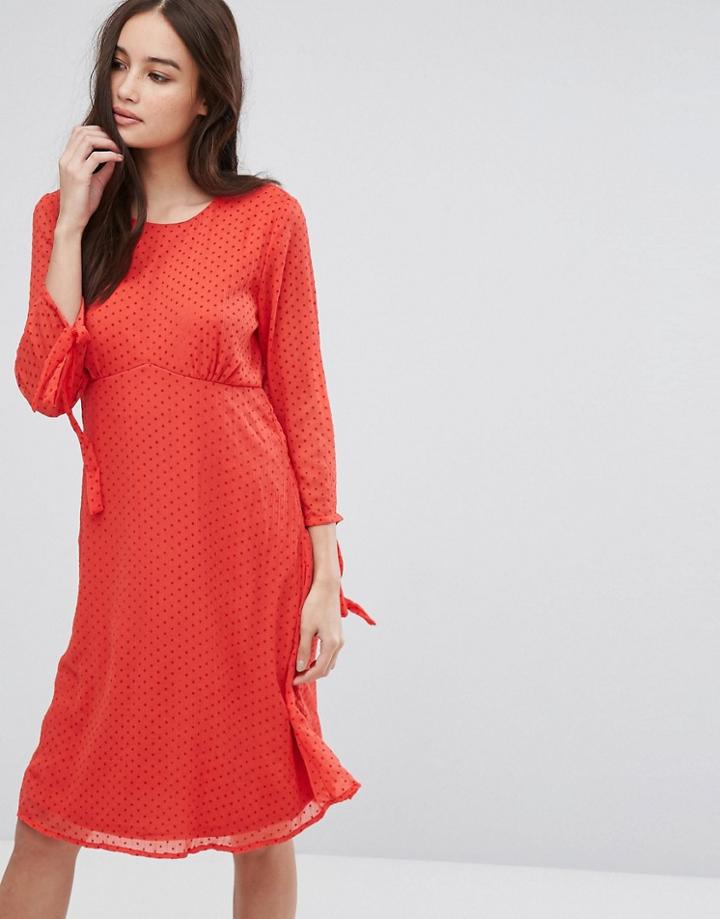 Vila Long Sleeve Spotty Mesh Swing Midi Dress In Red