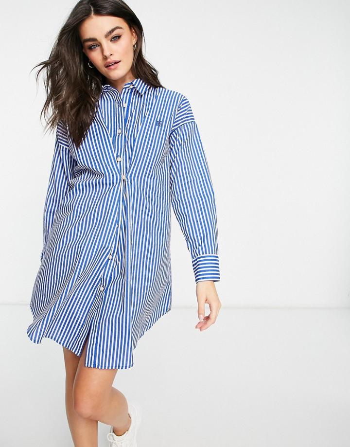 River Island Stripe Nipped Mini Shirt Dress In Blue-blues