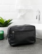 Asos Design Leather Toiletry Bag In Black With Check Internal - Black
