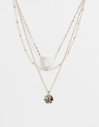 Asos Design Multirow Necklace With Semi-precious Druzy And Worn Coin Pendant In Gold - Gold