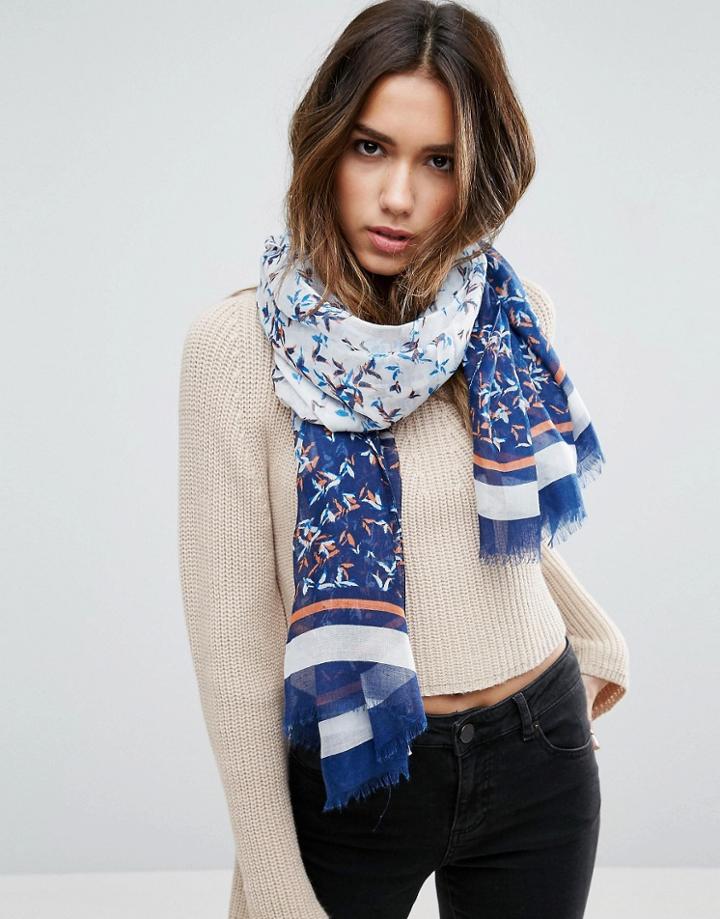 Alice Hannah Patterned Birds Scarf - Blue
