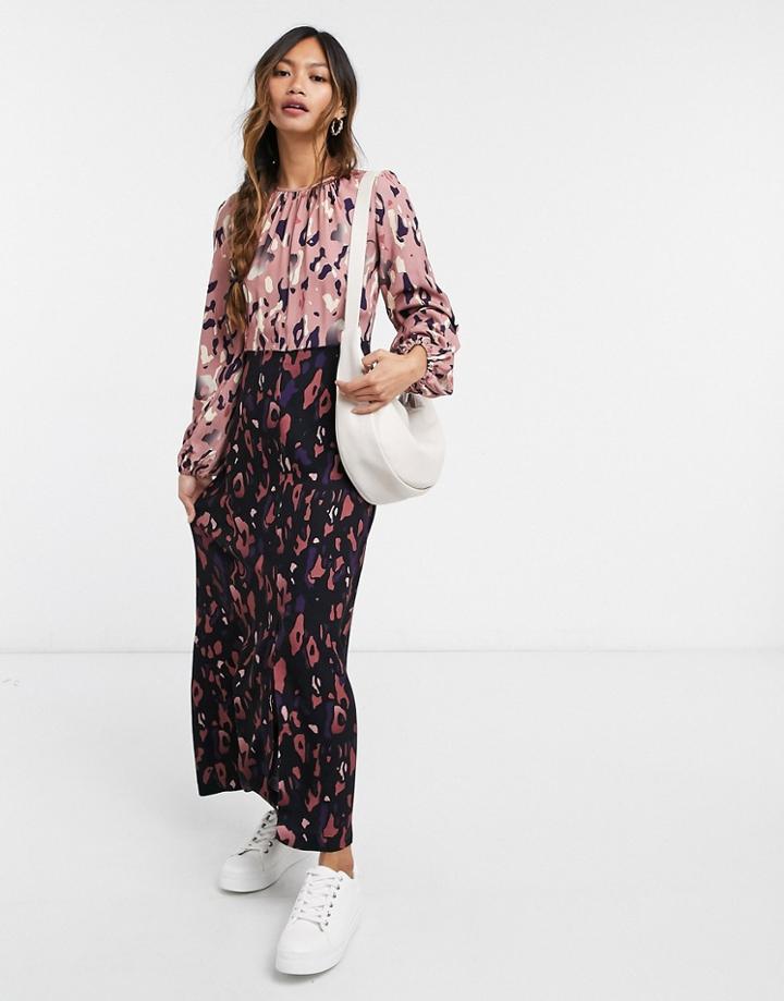 Closet London Long Sleeve Gathered Midaxi Dress On Contrast Leopard-multi