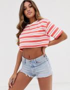 Asos Design Super Crop T-shirt With Raw Edge In Stripe-red