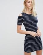 J.d.y Striped Bodycon Dress With Cold Shoulder - Blue