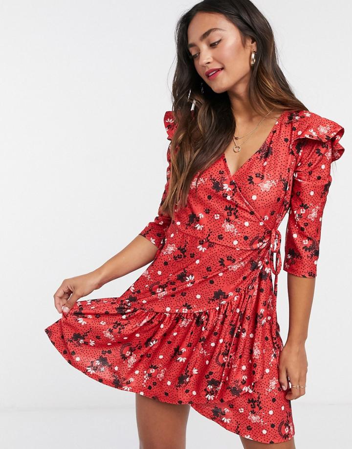 River Island Floral Frill Hem Mini Dress In Red