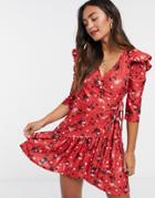 River Island Floral Frill Hem Mini Dress In Red