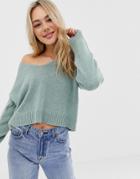 Asos Design Cropped Sweater In Fluffy Yarn And Off Shoulder - Blue
