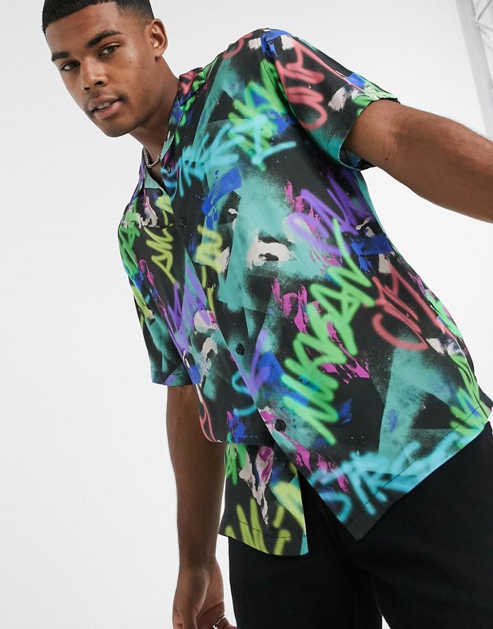 Pull & Bear Printed Shirt In Black
