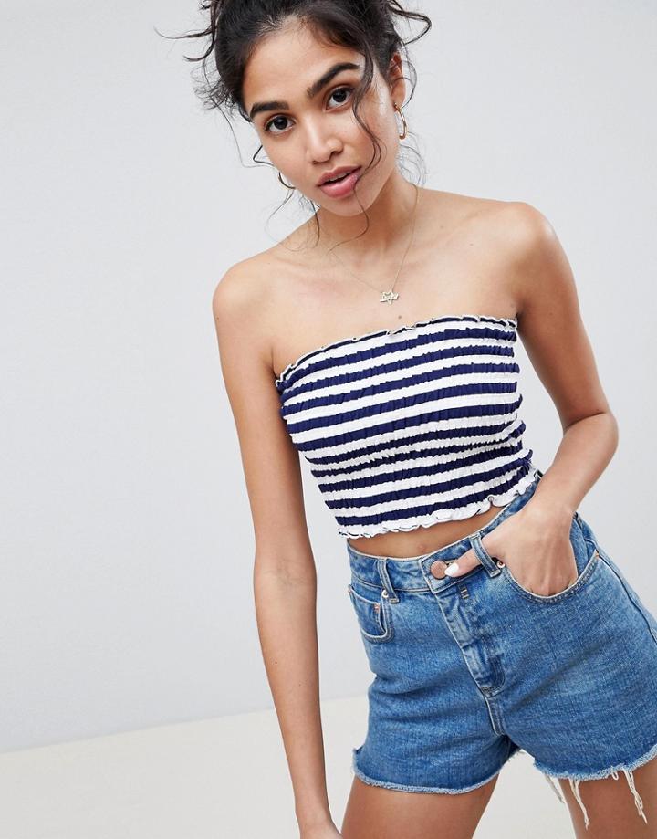 Asos Design Shirred Bandeau Crop Top In Stripe Print - Multi