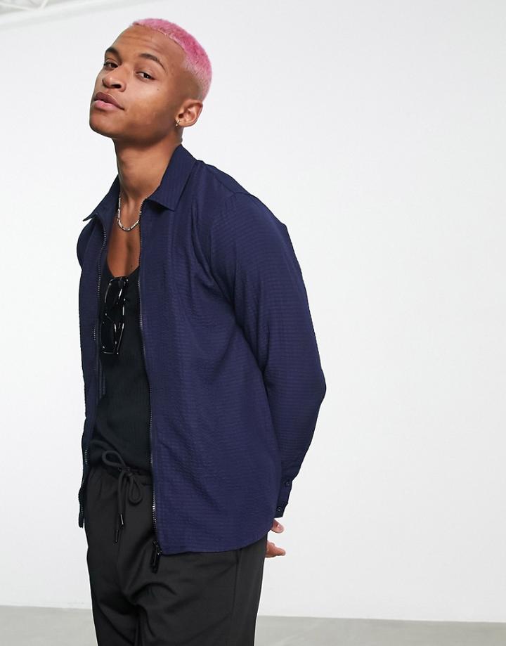 Bolongaro Trevor Seersucker Zip Up Shirt - Part Of A Set-navy