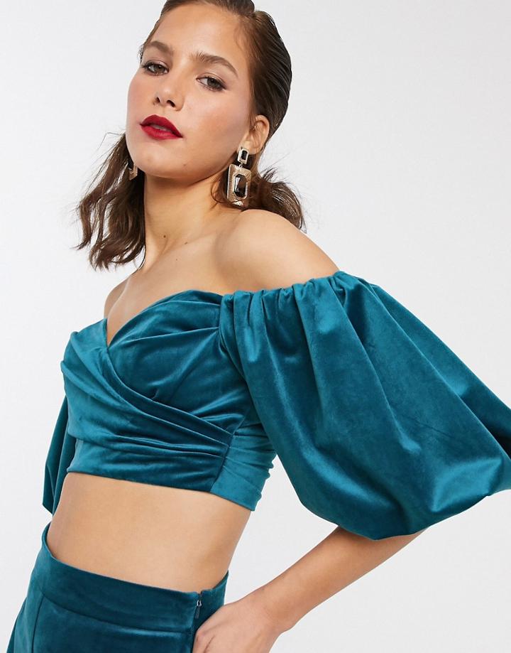 Asos Edition Off Shoulder Crop Top In Velvet-green