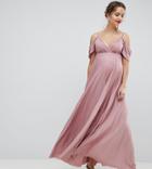 Asos Design Maternity Cold Shoulder Cowl Back Pleated Maxi Dress - Multi