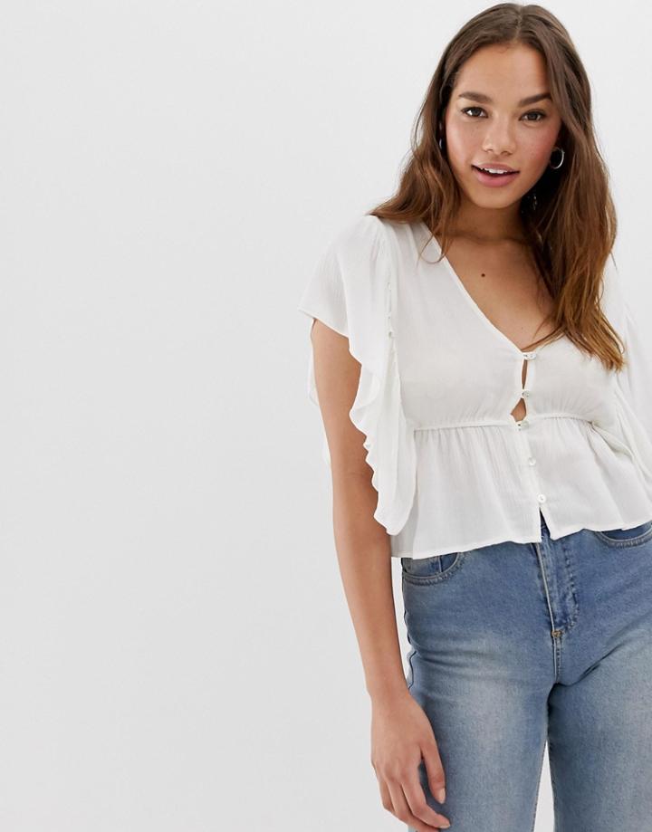 Pull & Bear Blouse With Waterfall Sleeve In White - Multi