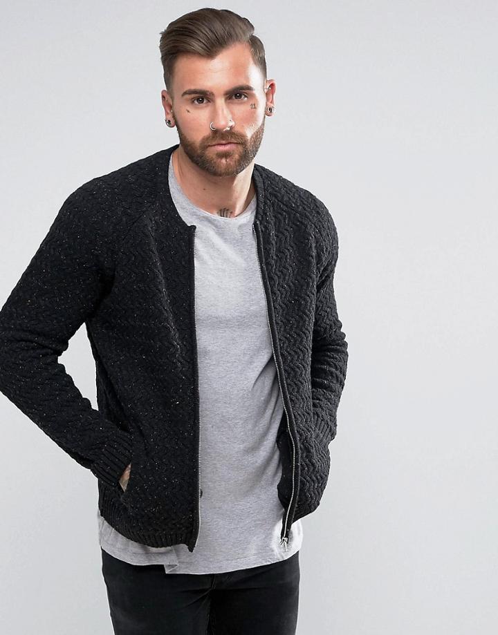 Asos Knitted Textured Bomber Jacket In Black - Black