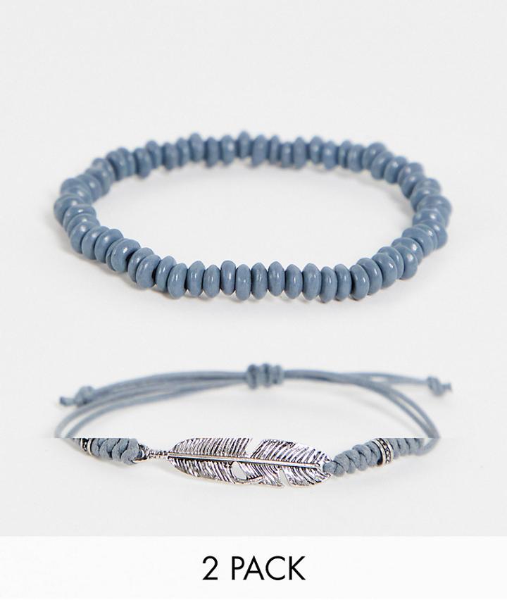 Asos Design 2 Pack Beaded Bracelet Set In Gray With Feather
