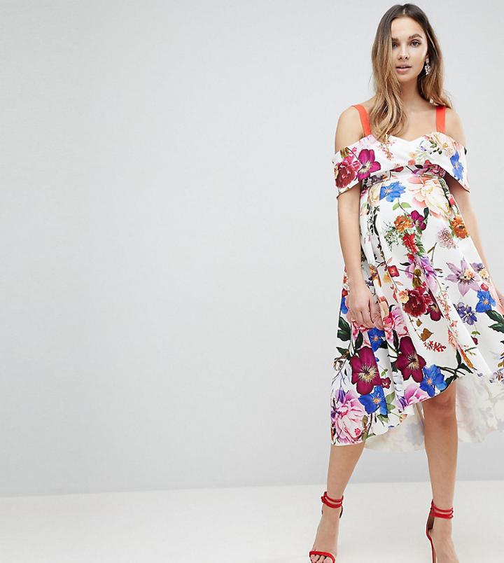 Asos Maternity Botanical Floral Cold Shoulder Midi Prom Dress - Multi