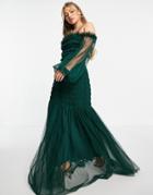Lace & Beads Off-shoulder Tulle Maxi Dress In Green