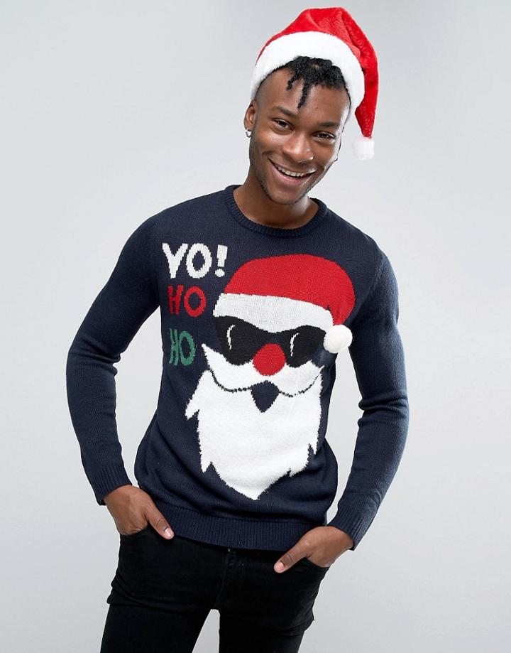 Pull & Bear Christmas Jumper In Navy With Santa Yo Ho Ho Print - Navy