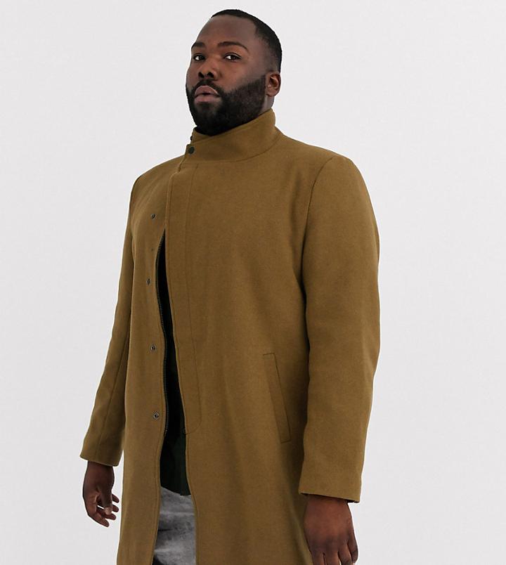 Only & Sons Stand Up Collar Concealed Closure Overcoat In Camel