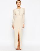 Elise Ryan Lace Maxi Dress With Deep V Plunge Neck And Thigh Split - Cream