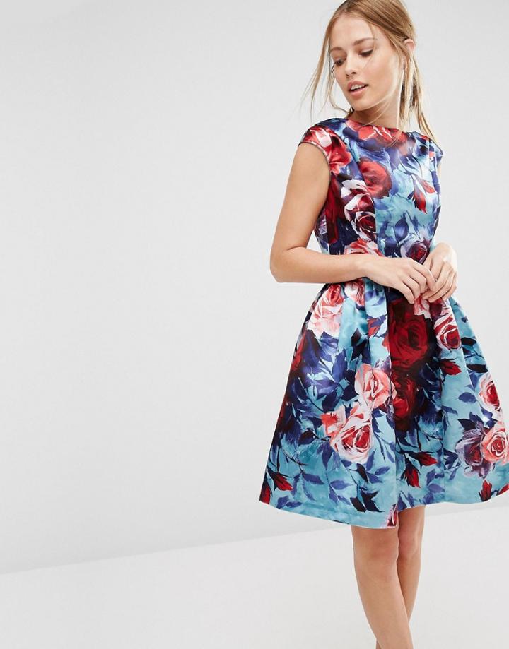 Closet Satin Floral Print Sleeveless Skater Dress - Multi