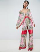 Asos Design Tile Print Draped Sleeve Jumpsuit - Pink