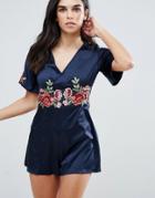 Love & Other Things Romper With Embroidered Panel - Blue