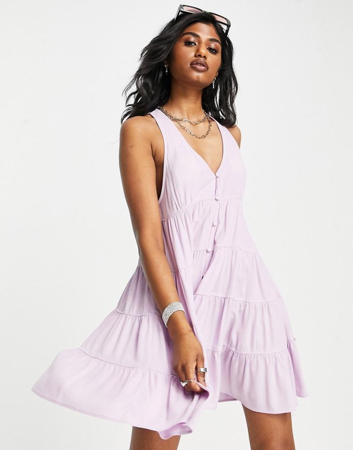 Topshop Crinkle Button Through Mini Dress In Lilac-purple